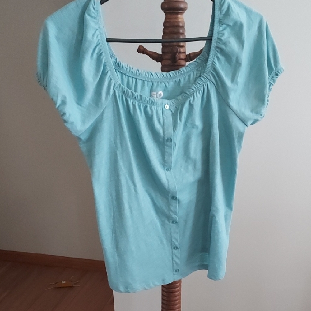 SO Light Aqua Short Sleeve Button-Front Top